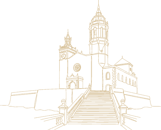 Dibujo a línea dorada de la escalinata y la iglesia de Sitges