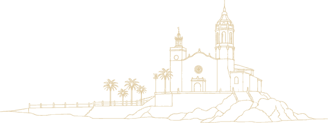 Gestión de alquiler en Sitges 1 Dibujo a línea dorada de la iglesia de Sitges sobre las rocas, con palmeras